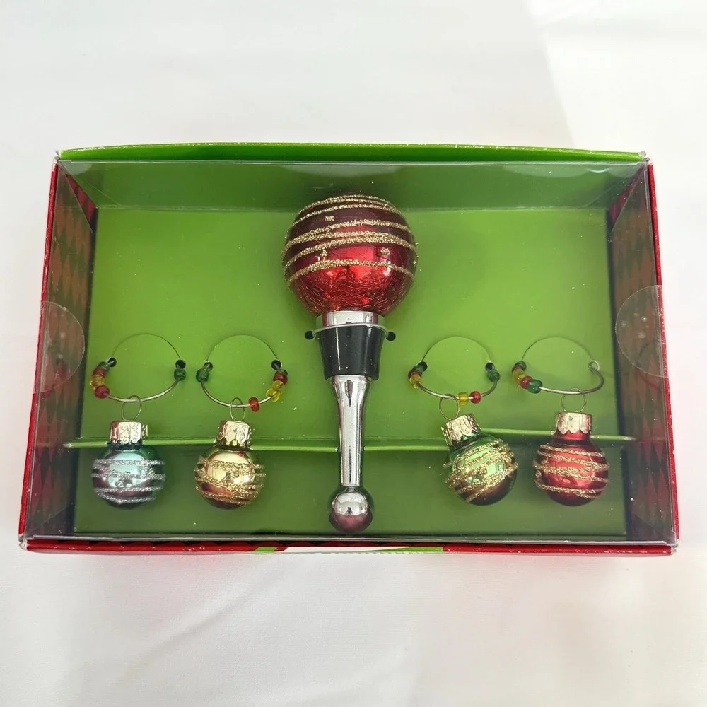 Pier 1 Imports Bottle Stopper‎ Set Drink Charms Christmas Ornament Balls Holiday